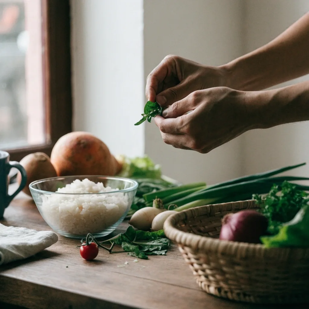 Hands holding a small notebook above a kitchen counter in a home kitchen, dish rack behind, daylight from the left