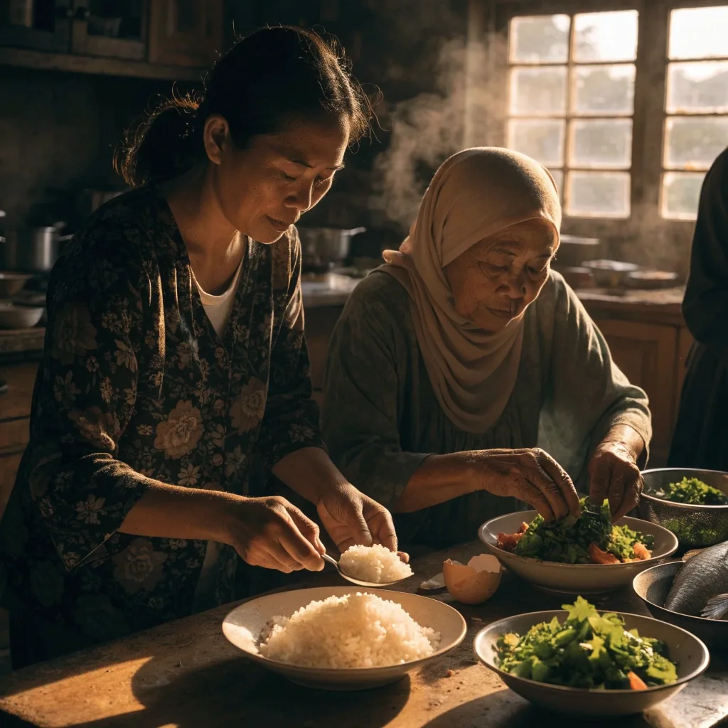 A portioned plate of rice, vegetables, fish and cucumber being set on a wooden family table in warm evening light