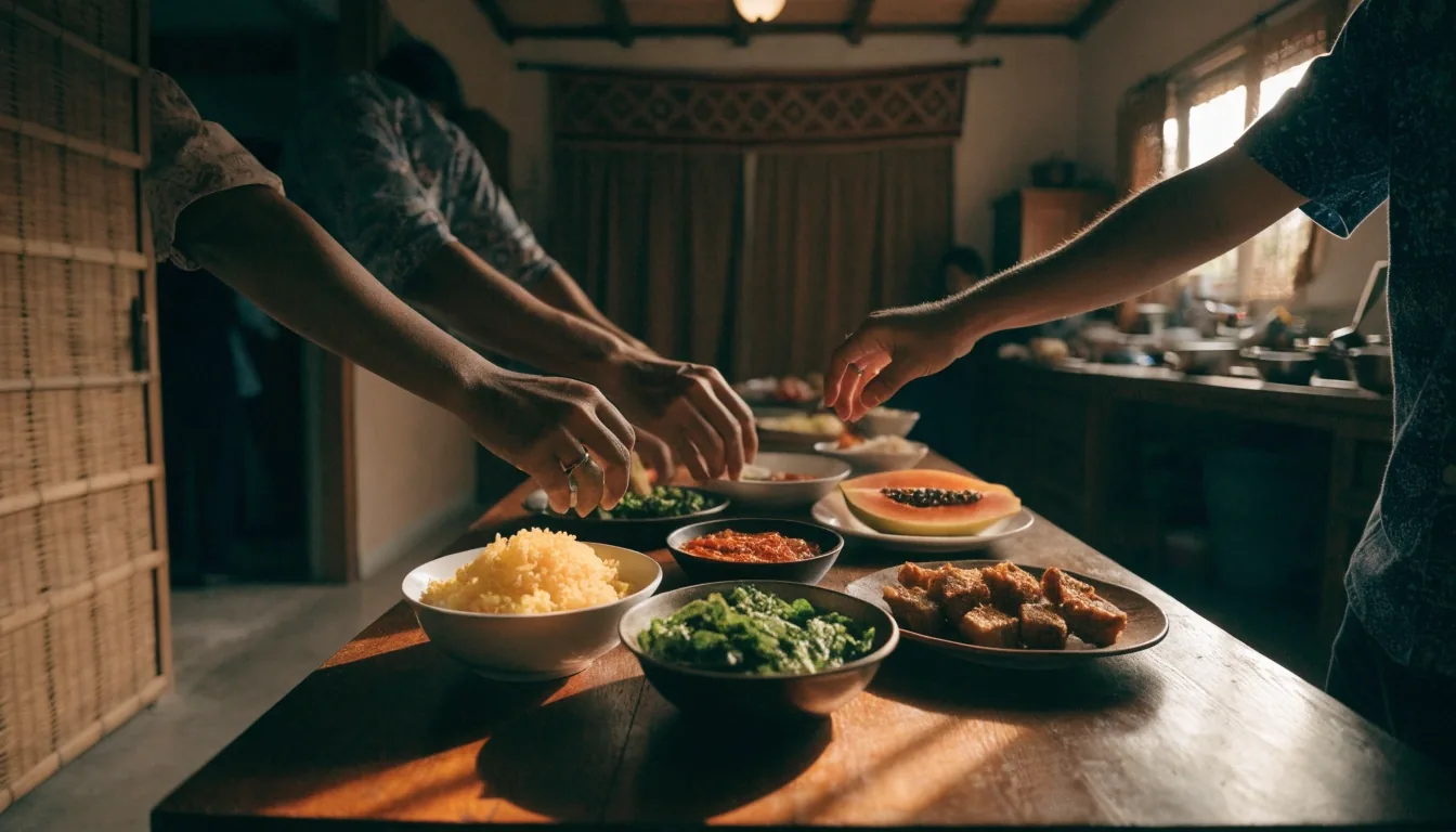 An Indonesian family evening table at warm golden hour seen from across the room, rice, greens, tempeh and sliced fruit laid out