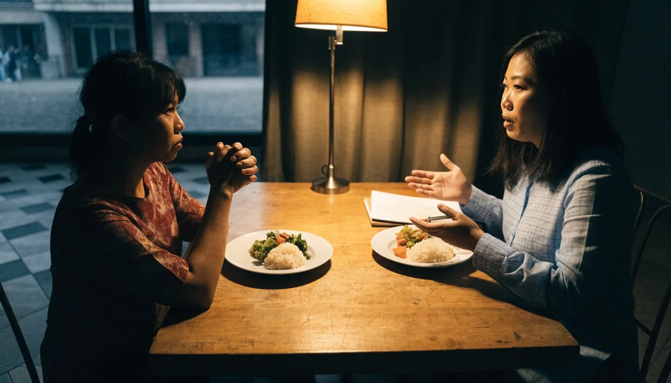 Two plates and a lamp on a wooden table between two chairs in warm evening light