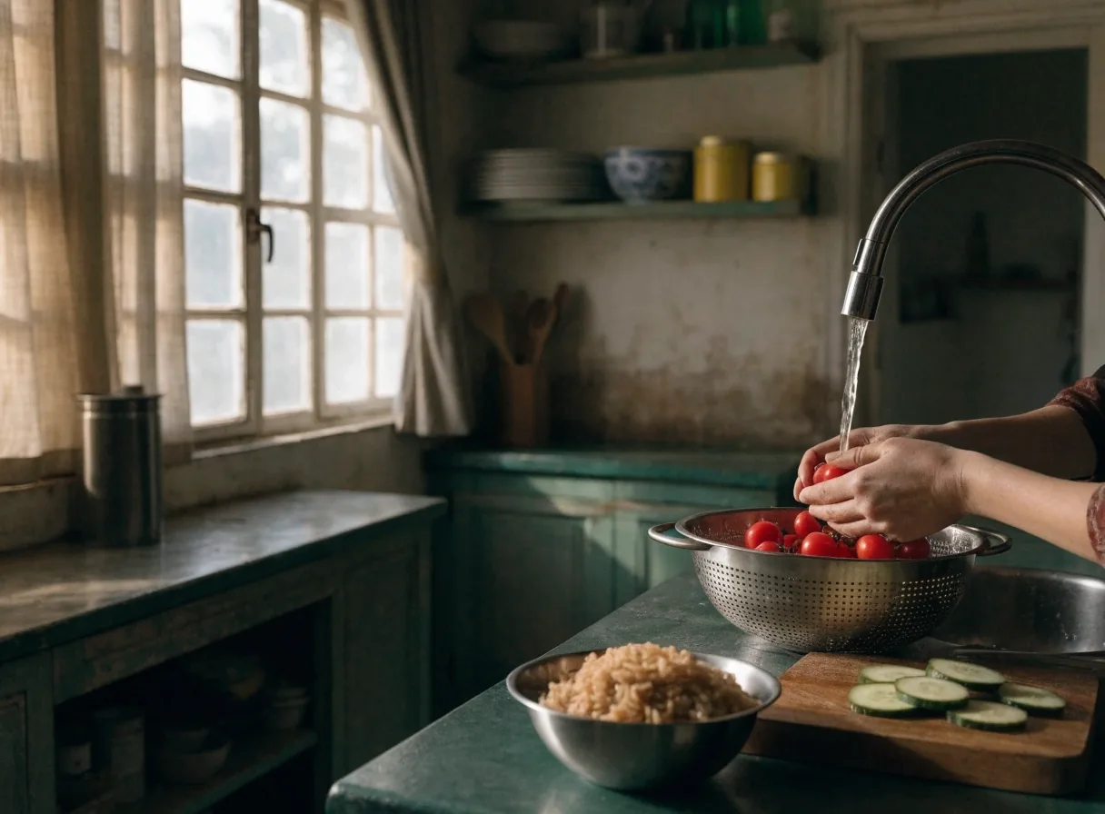 A hand holding a stem of fresh greens above a kitchen sink in the morning light