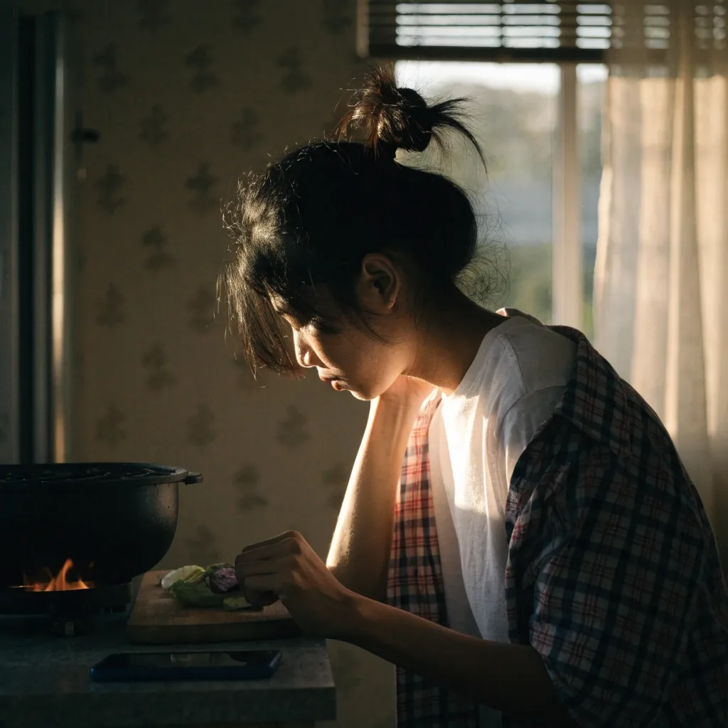 A parent preparing vegetables at a small home kitchen counter in the late afternoon