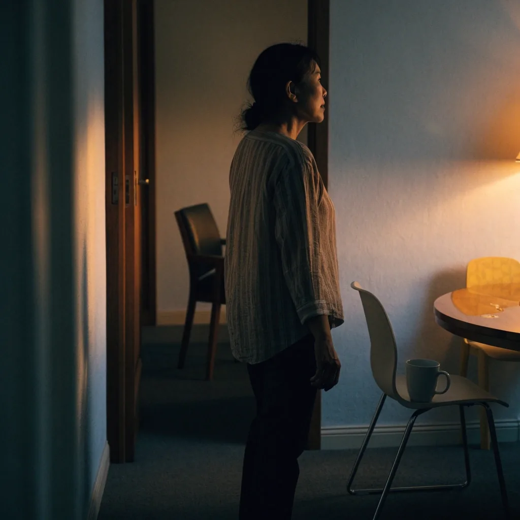 A lit doorway from a kitchen toward a dining table at dusk, with a chair and mug set on the table
