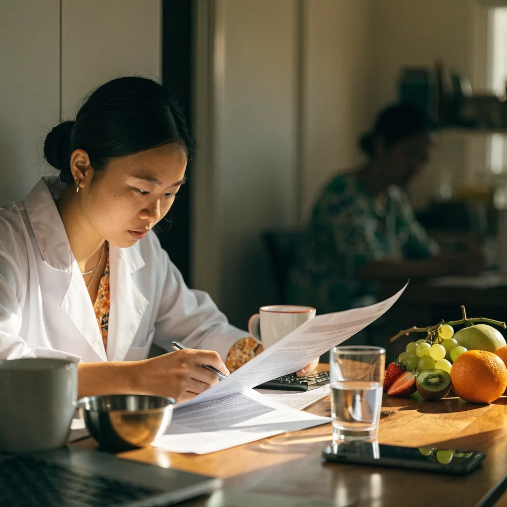 A quiet home table with two chairs, a lamp and a mug where an online dietitian consultation is set up at golden hour