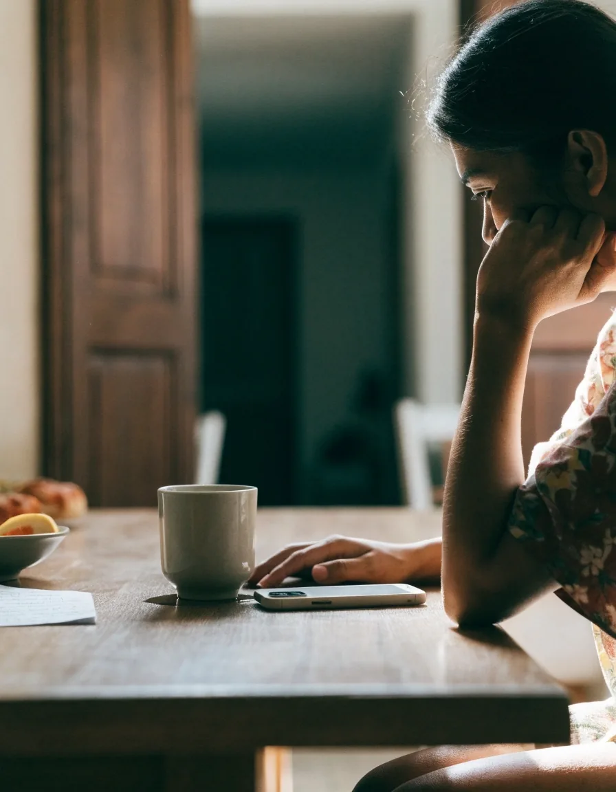 A hand resting on a face-down phone beside a mug on a wooden table