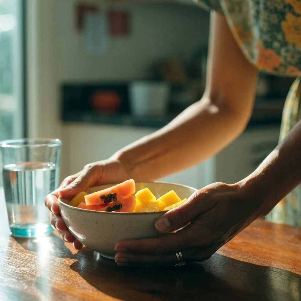 Hands filling in a notebook beside a bowl of fruit at a table