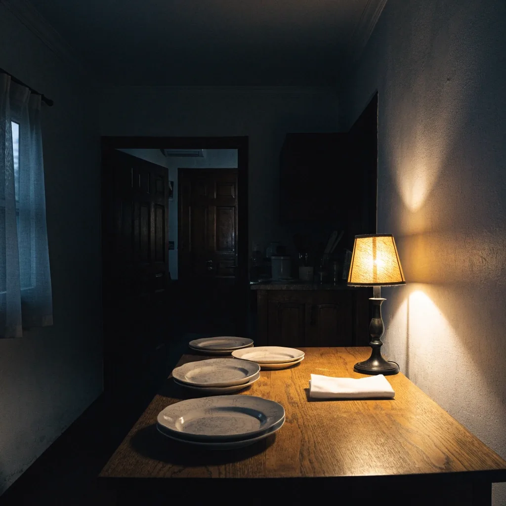 A small home dining room after a meal, cleared plates and a folded cloth on the table with one low lamp still lit at dusk