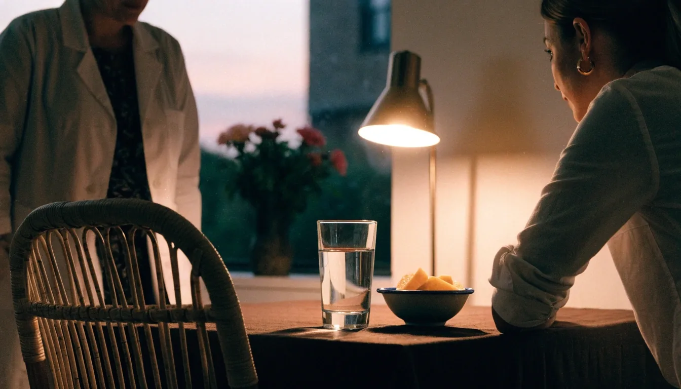 A quiet consulting table in a small Indonesian home office at dusk, sidelight across the wood and the lower-left of the table left open